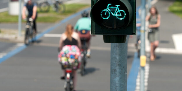Ampel mit Fahrradsymbol steht auf grün. Im Hintergrund fahren RadfahrerInnen