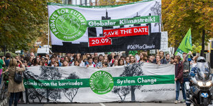 Teilnehmer einer Fridays for Future-Demonstration gehen mit Protestschildern und Transparenten durch Frankfurt.