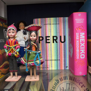 Bunte Kochbücher und Figuren im Regal Bunte Kochbücher und Figuren im Regal