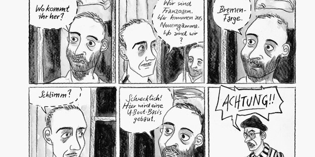 Ein Ausschnitt des Comics Valentin; Häftling Raymond kommt im Arbeitslager an und erfährt von anderen Häftlingen, dass ihn der Bau eines U-Boot-Bunkers erwartet.