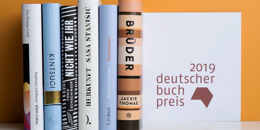 Sechs Bücher stehen nebeneinander