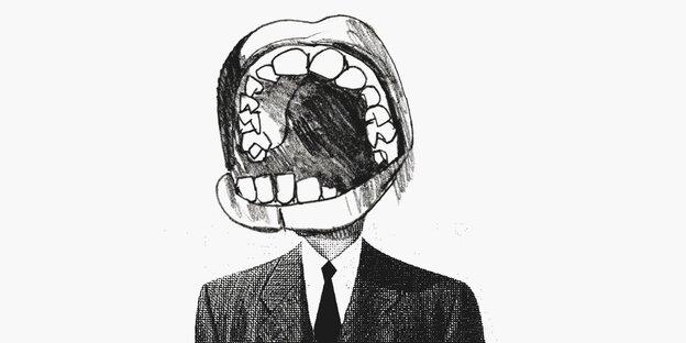 Zeichnung eines Menschen im Anzug, statt eines Kopfes hat er eine riesigen Mund