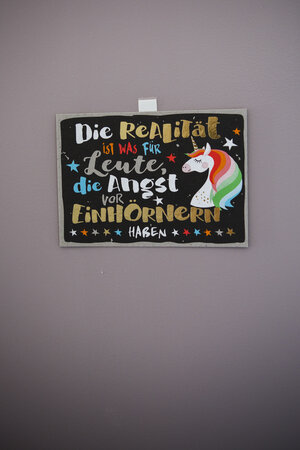 An einer Wand hängt ein Schild mit Einhorn und dem Spruch:"Die Realität ist was für Leute, die Angst vor Einhörnern haben". An einer Wand hängt ein Schild mit Einhorn und dem Spruch:"Die Realität ist was für Leute, die Angst vor Einhörnern haben".
