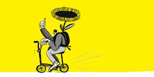 Illustration eines Menschen, der Fahrrad fährt. Er trägt einen Helm. In seinem Rucksack steckt eine riesige Sonnenblume