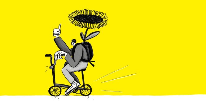 Illustration eines Menschen, der Fahrrad fährt. Er trägt einen Helm. In seinem Rucksack steckt eine riesige Sonnenblume