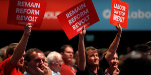 Menschen halten Schilder hoch, darauf steht "Reform Remain Revolt" und "Labour Can Stop Brexit"