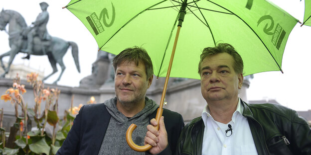 Robert Habeck und Werner Kogler unter einem Schirm