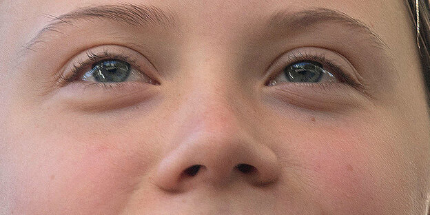 Auschnitt des Gesichts von Greta Thunberg. Sie hat Tränen in den Augen