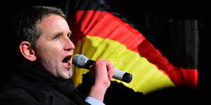 ein Mann spricht in ein Mikrofon, im Hintergrund eine Deutschlandfahne