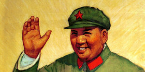 Farbige Zeichnung von Mao, der lächelnd winkt