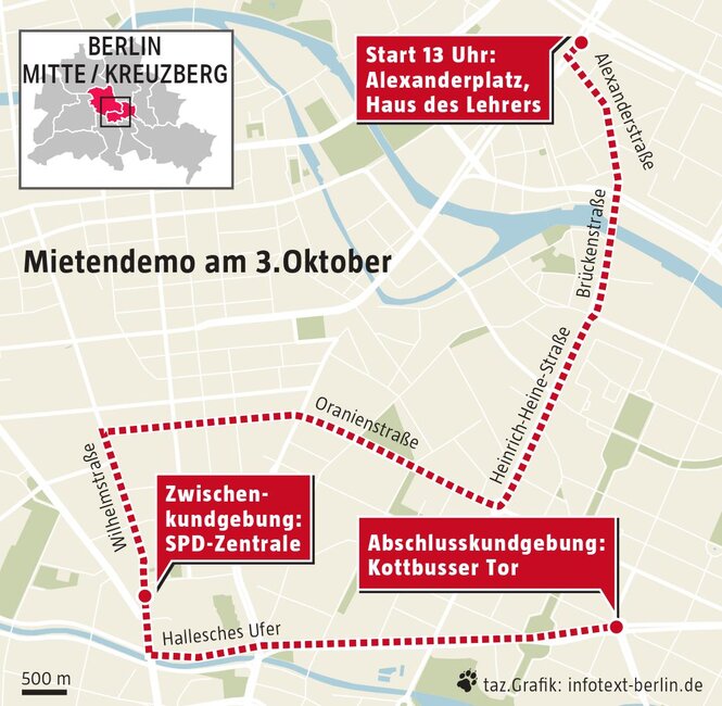 Zu sehen ist die Route der Mietendemo am 3. Oktober in Berlin. :