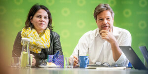 Annalena Baerbock und Robert Habeck vor grünem Hintergrund