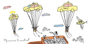 Zu sehen sind gemalte Taxis, die wie Heißlufballons über einem Häuserdach schweben.