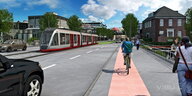 Eine Straßenbahn neben einer Autofahrbahn und einem roten Fahrradstreifen