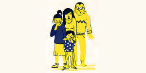 Eine Zeichnung mit einer Familie, alle gucken entsetzt