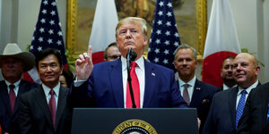Donald Trump spricht hinter einem Rednerpult im Weissen Haus