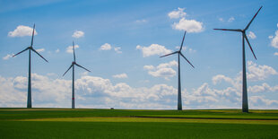 Vier Windräder stehen auf einer grünen Wiese, der Himmel ist blau.