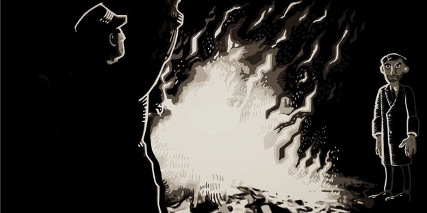 Ein Screenshot aus dem Videospiel „Through the Darkest of Times“ zeigt eine Bücherverbrennung