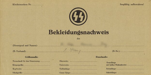 SS-Bekleidungsnachweis, Name geschwärzt SS-Bekleidungsnachweis, Name geschwärzt