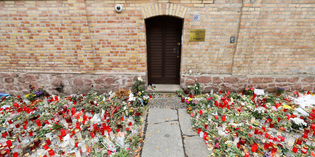 Blick auf viele Blumen vor einer Mauer mit einer Tür