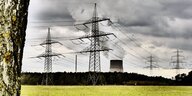 Strommaste in einer Landschaft, dahinter sieht man den Kühlturm eines Atomkraftswerks