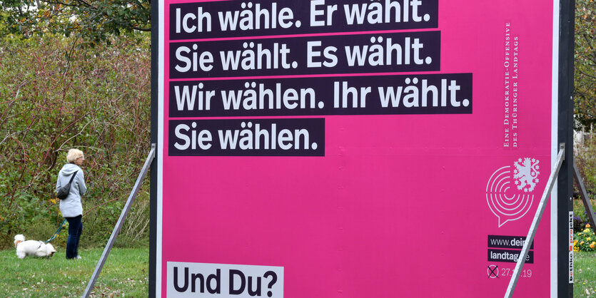 Ein Plakat auf einer Wiese, darauf steht: „Ich wähle. Er wählt. Sie wählt. Es wählt. Wir wählen. Ihr wählt. Sie wählen. Und du?“