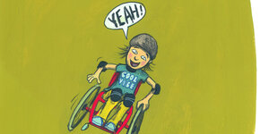 Eine Zeichnung aus einem Kinderbuch zeigt ein Kind in einem Rollstuhl, das einen Helm trägt und offensichtlich Spaß hat