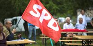 Wahlkampfveranstaltung in Brandenburg, SPD Anhänger mit Fahne