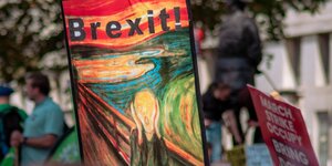 Ein Imitat von Munchs Gemälde Der Schrei auf einer Demo, über dem Plakat steht Brexit