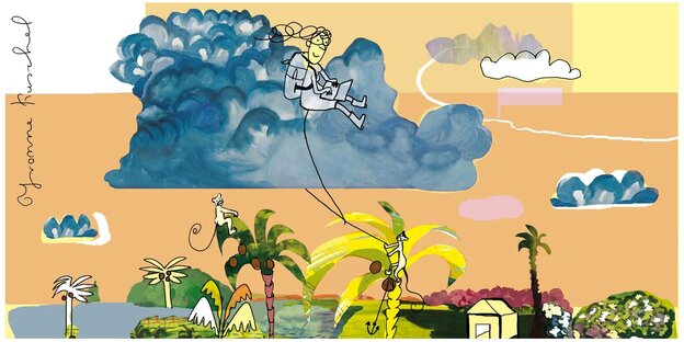 Die Illustration zeigt einen exotischen Ort mit Palmen, Affen, Sonne und Wolken. Eine Frau schwebt in den Wolken von einem Ort zum nächsten und arbeitet an ihrem Laptop.