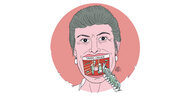 Eine Zeichnung, die das Gesicht von Sahra Wagenknecht zeigt. Der Mund sieht aus wie ein Tante-Emma-Laden, an dem Menschen anstehen