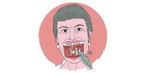 Eine Zeichnung, die das Gesicht von Sahra Wagenknecht zeigt. Der Mund sieht aus wie ein Tante-Emma-Laden, an dem Menschen anstehen