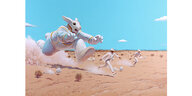 Ein überdimensioniertes Kaninchen jagt zwei Männer in Anzug durch die Wüste.