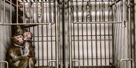 Um den Hals gefesselte Affen klammern sich in einem Käfig aus Metallstäben aneinander.