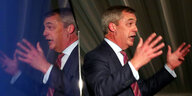 Nigel Farage gestikuliert und wird in einer Scheibe gespiegelt