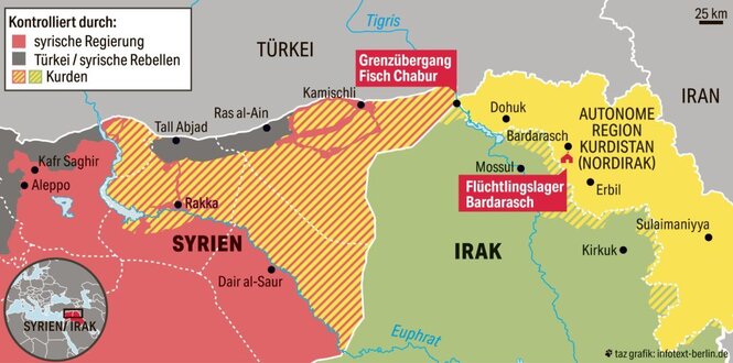 Eine Karte zeigt das kurdische Autonomiegebiet zwischen Irak, Syrien und der Türkei