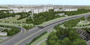 Computeranimatin einer Autobahn mit halbseitiger Lärmschutzgalerie und Hochhaussiedlung im Hintergrund