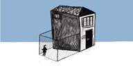 Zeichnung eines Hauses mit einer Figur in einem Käfig