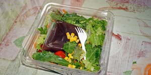 Salat, Dressing und Gabel in einer Plastikverpackung