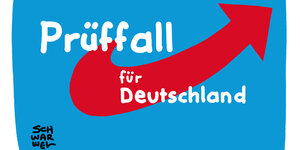 Karikatur Prüffall für Deutschland steht auf dem AFD Logo