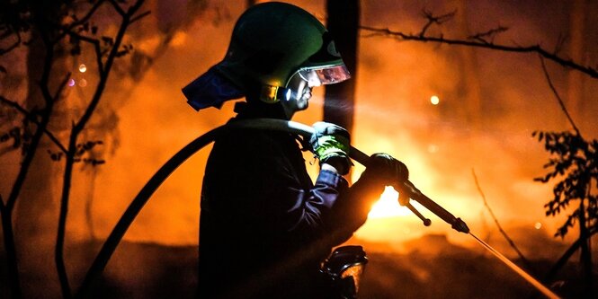 Ein Feuerwehrmann steht mit seiner Wasserspritze vor brennenden Bäumen