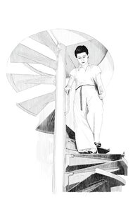 Yamawaki Michiko kommt einen Wendeltreppe herunter Yamawaki Michiko kommt einen Wendeltreppe herunter