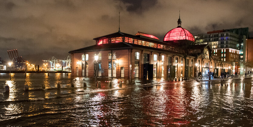 Die bunt beleuchtete Fischauktionshalle, davor der überflutete Fischmarkt