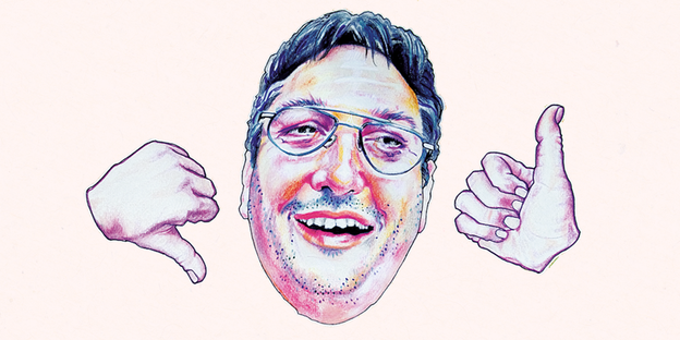 Portrait von Christian Specht, lachend und mit kurzen, dunklen Haaren und Doppelstegbrille. Rechts und links von ihm je eine Hand: Daumen hoch oder Daumen runter? Portrait von Christian Specht, lachend und mit kurzen, dunklen Haaren und Doppelstegbrille. Rechts und links von ihm je eine Hand: Daumen hoch oder Daumen runter?