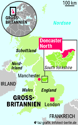 Karte von Großbritannien, auf der mittig im Land South Yorkshire eingekennzeichnet ist
