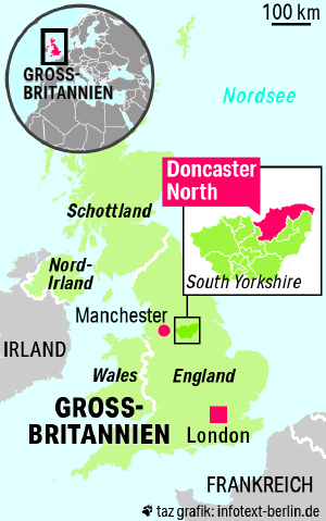 Karte von Großbritannien, auf der mittig im Land South Yorkshire eingekennzeichnet ist