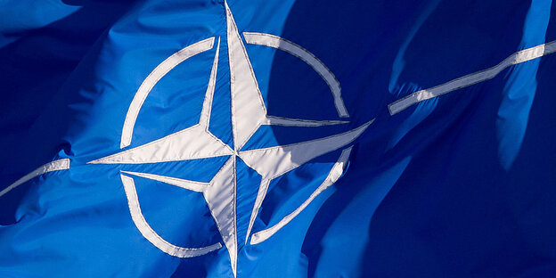 Das Logo der Nato auf einer Flagge, Detailaufnahme