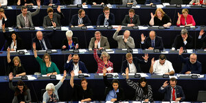 Mitglieder des EU-Parlaments heben ihren Arm zur Abstimmung