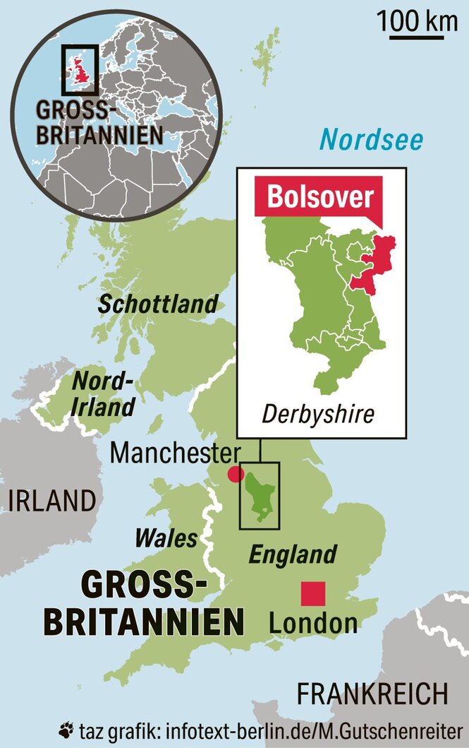 Eine Großbritannien-Karte zeigt die Region Bolsover in der Mitte des Landes