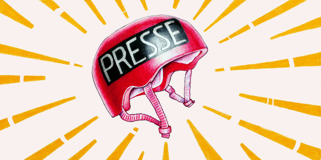 Ein gezeichneter roter Schutzhelm für Pressevertreter, von dem Strahlen ausgehen Ein gezeichneter roter Schutzhelm für Pressevertreter, von dem Strahlen ausgehen